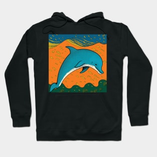 Dolphin in orange, green and teal sea Hoodie